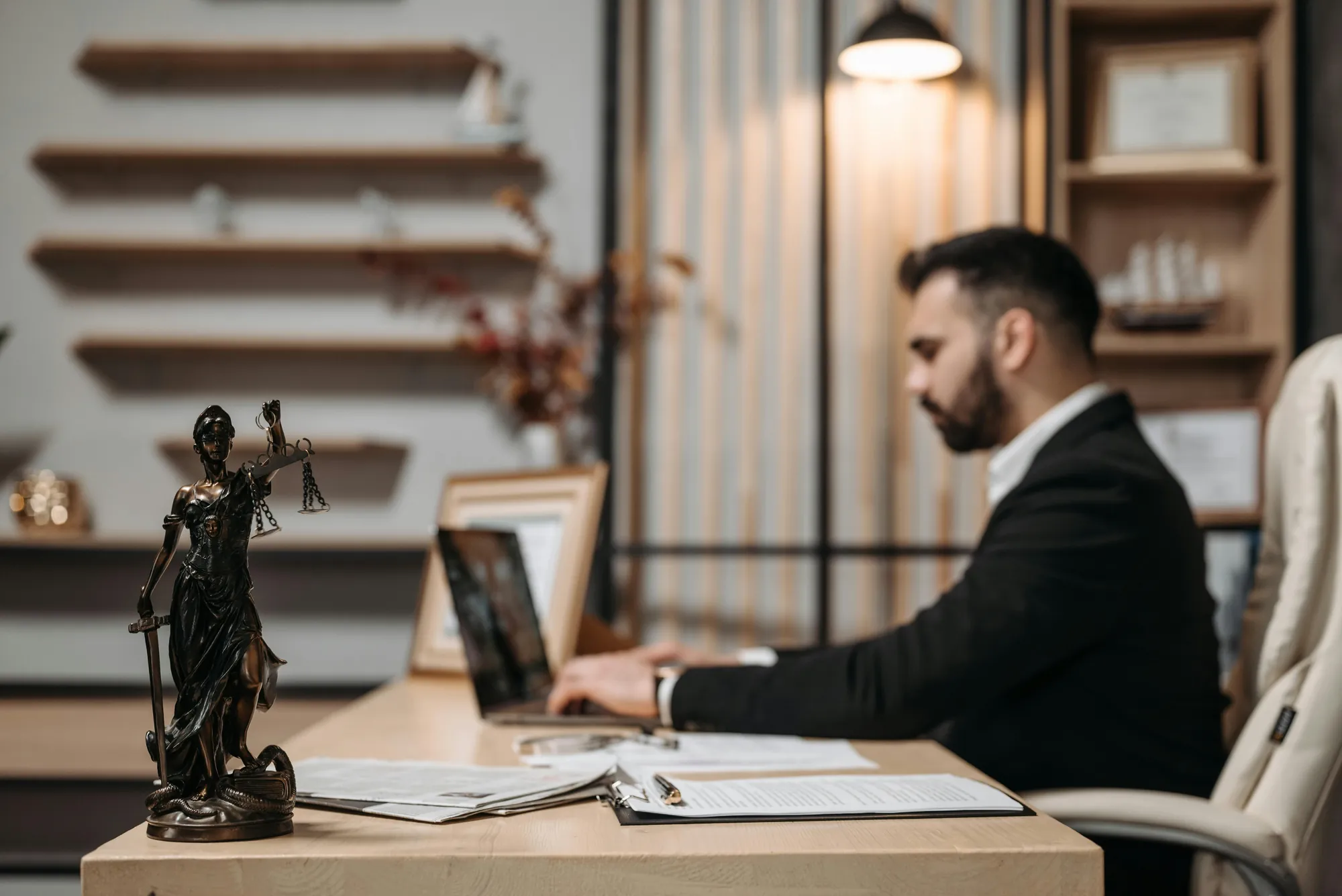 Man in a suit typing on a laptop at a desk beside a bronze Lady Justice statue