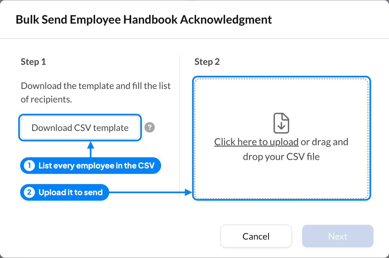 Sign.Plus Bulk Send window for an Employee Handbook Acknowledgment template with a CSV template download and upload area