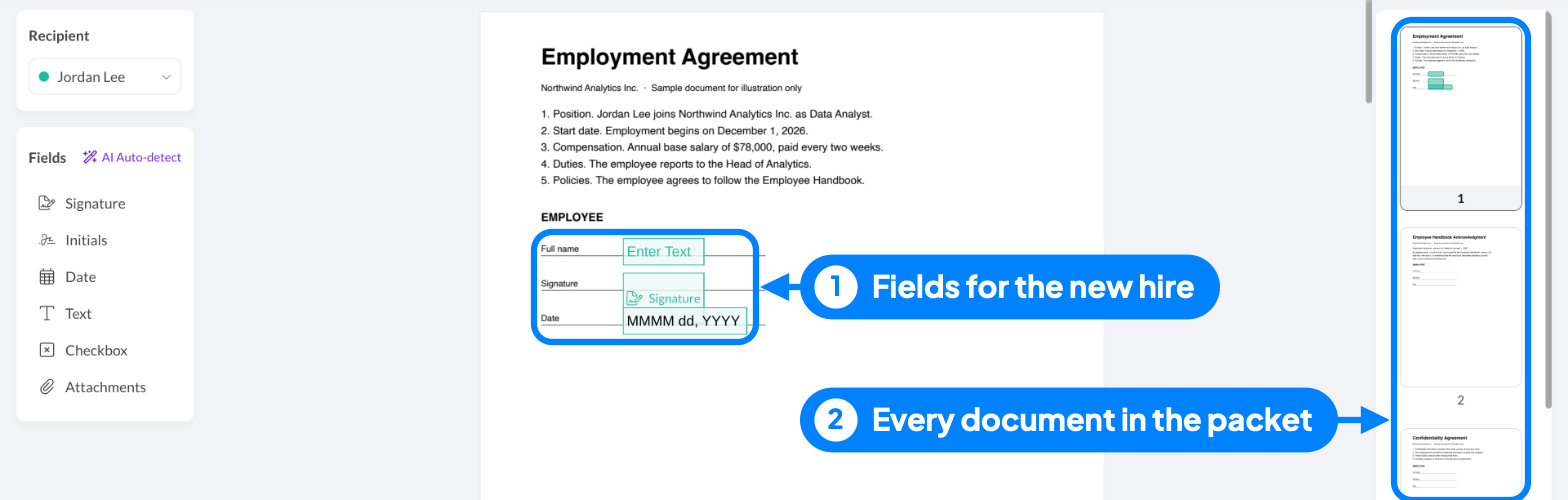 Sign.Plus field editor with name, signature and date fields on an employment agreement and the other packet documents listed as pages
