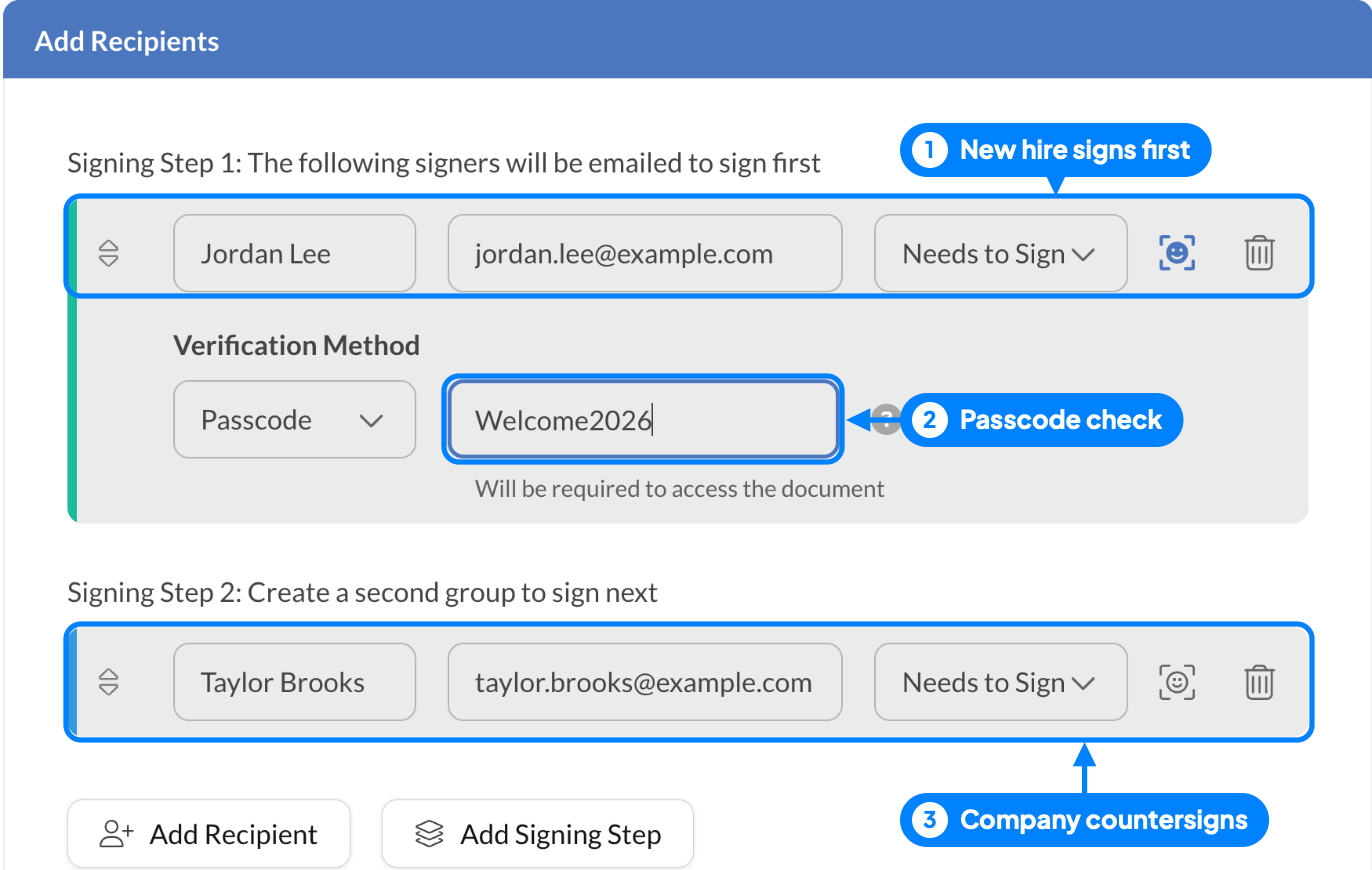 Sign.Plus signing steps with the new hire in step one behind a passcode and the company signer in step two