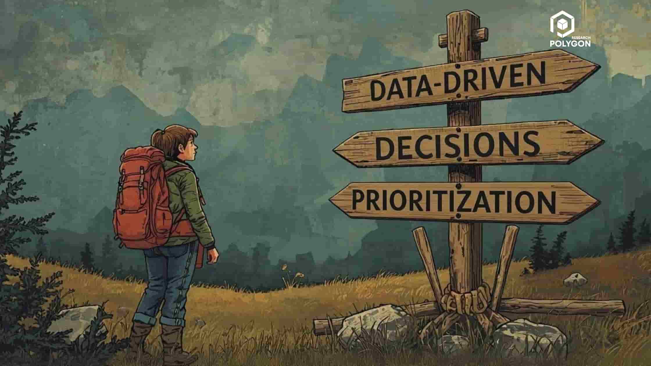 A hiker at a crossroads sign pointing to 'Data-Driven Decisions' and 'Prioritization,' symbolizing 2026 credit union strategy