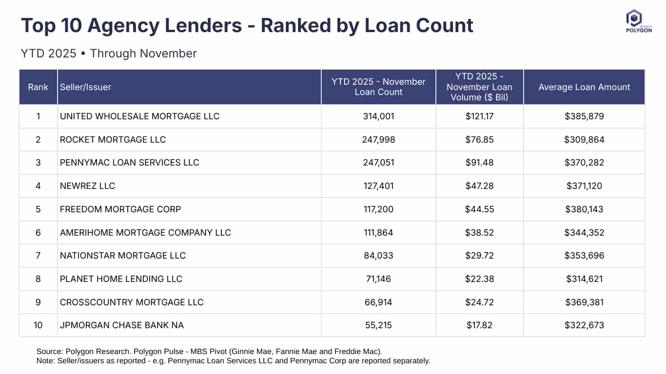 Top 10 Lenders by Loan Count Agency Data 2025 YTD through November