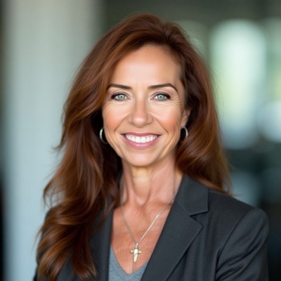 Woman with light brown hair wearing a white blouse sitting on a sofa with folded hands, smiling gently.