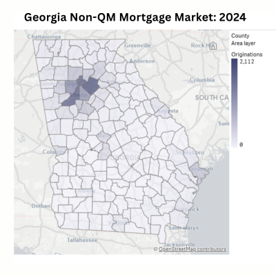 A map of Georgia showing Non-QM mortgage originations in 2024 by county.