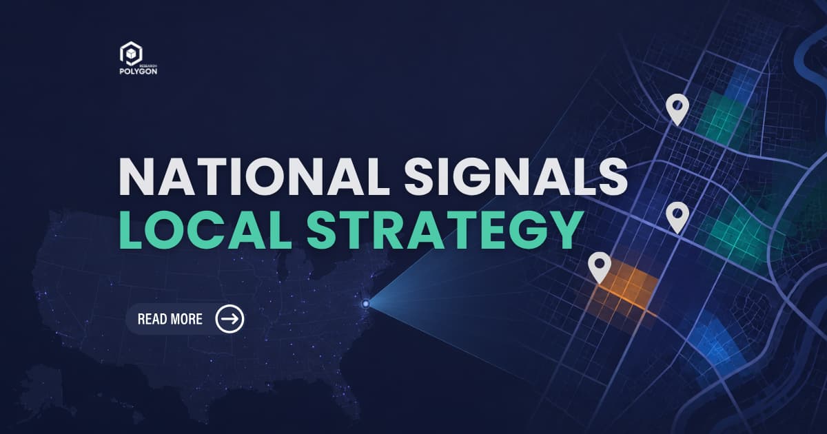 Blog graphic for “The National Average Trap,” showing a dark U.S. map extending into a local street-grid map with highlighted opportunity areas, illustrating how national mortgage risk can be translated into local market insight.