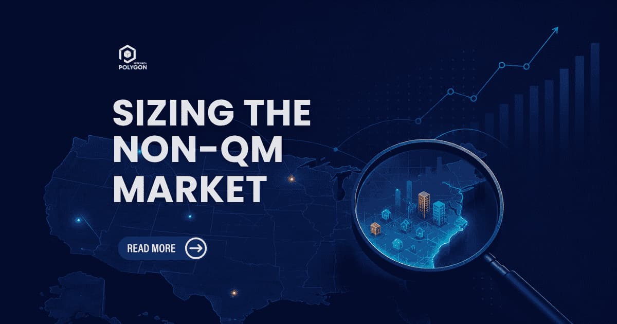 Polygon Research logo top left, White text, Sizing the Non-QM Market, on a deep blue mortgage data visualization showing a U.S. map with a magnifying glass highlighting local borrower and housing market segments.