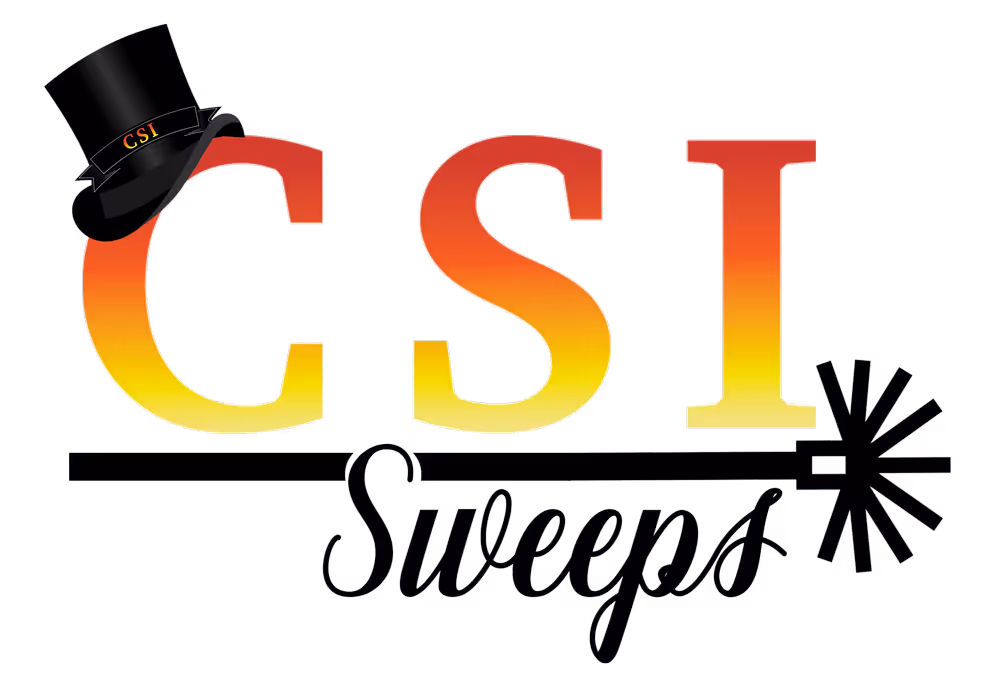 Logo for CSI Sweeps with large gradient letters CSI in orange to yellow, a black top hat on the C, and a stylized chimney sweep brush underlining the word Sweeps.