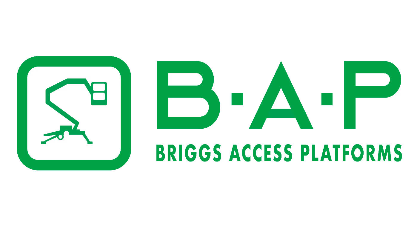 Logo of Briggs Access Platforms featuring a green icon of an articulated boom lift and the text B·A·P in green.