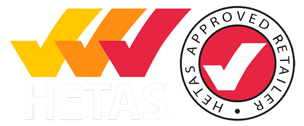 HETAS logo with stylized yellow, orange, and red arrows and a circular red checkmark emblem labeled 'HETAS Approved Retailer'.