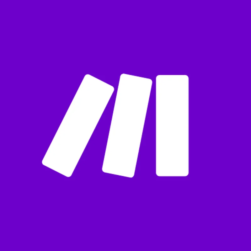 Logo avec trois rectangles blancs inclinés sur fond violet.