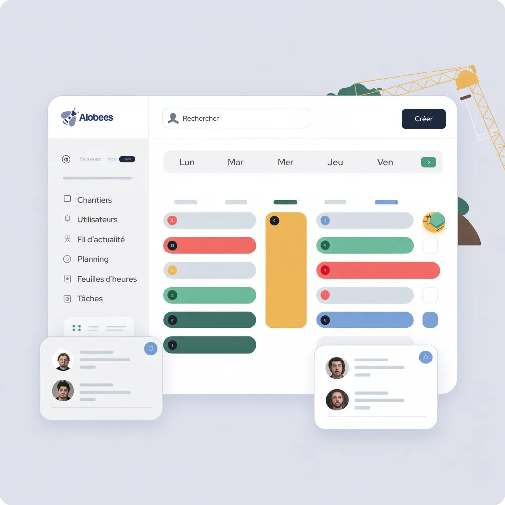 Interface de gestion de planning avec navigation sur la gauche, calendrier hebdomadaire au centre et profils utilisateurs en pop-up.