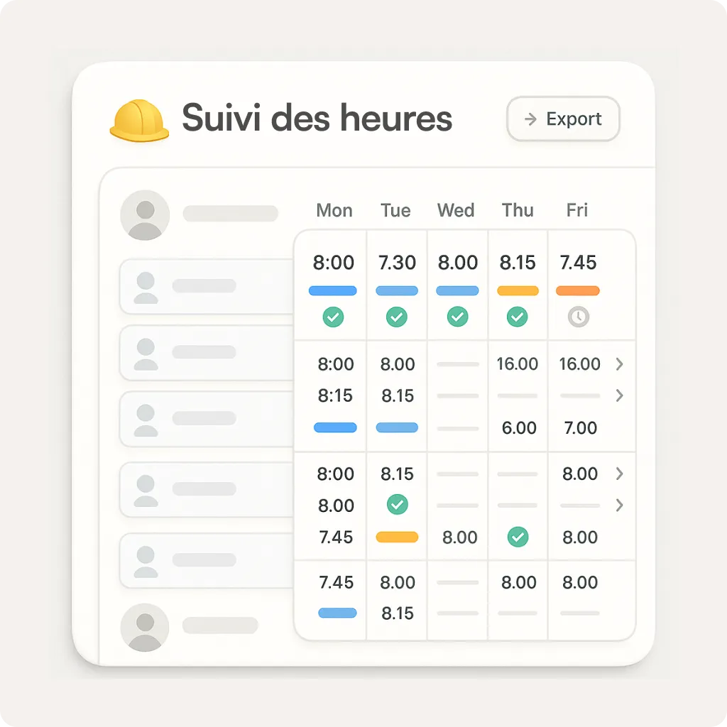 Tableau de suivi des heures de travail en semaine pour plusieurs utilisateurs avec heures, icônes de validation et bouton d'export.