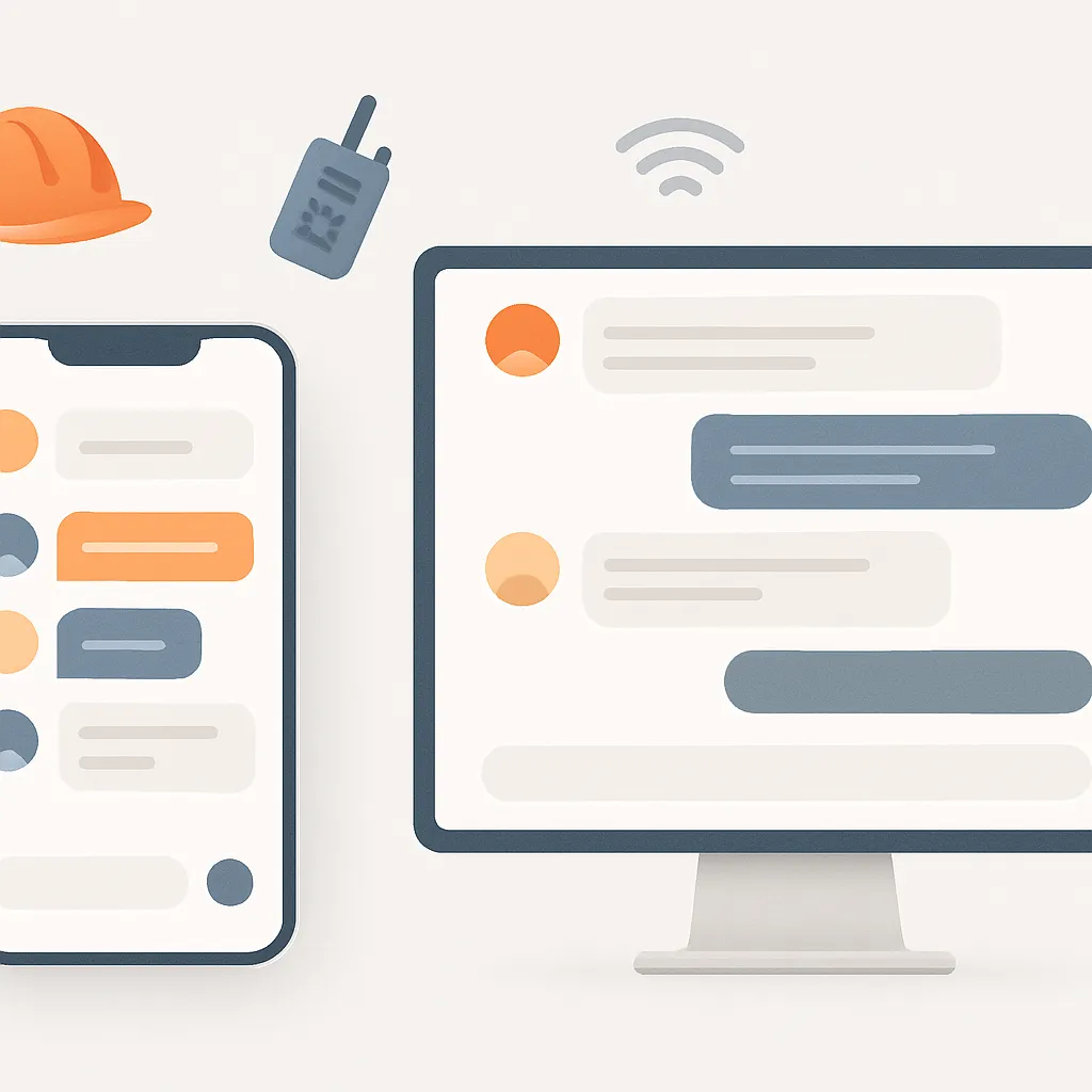 Illustration d’un smartphone et d’un écran d’ordinateur affichant une messagerie avec des bulles de conversation colorées, accompagné d’un casque de chantier et d’un talkie-walkie.