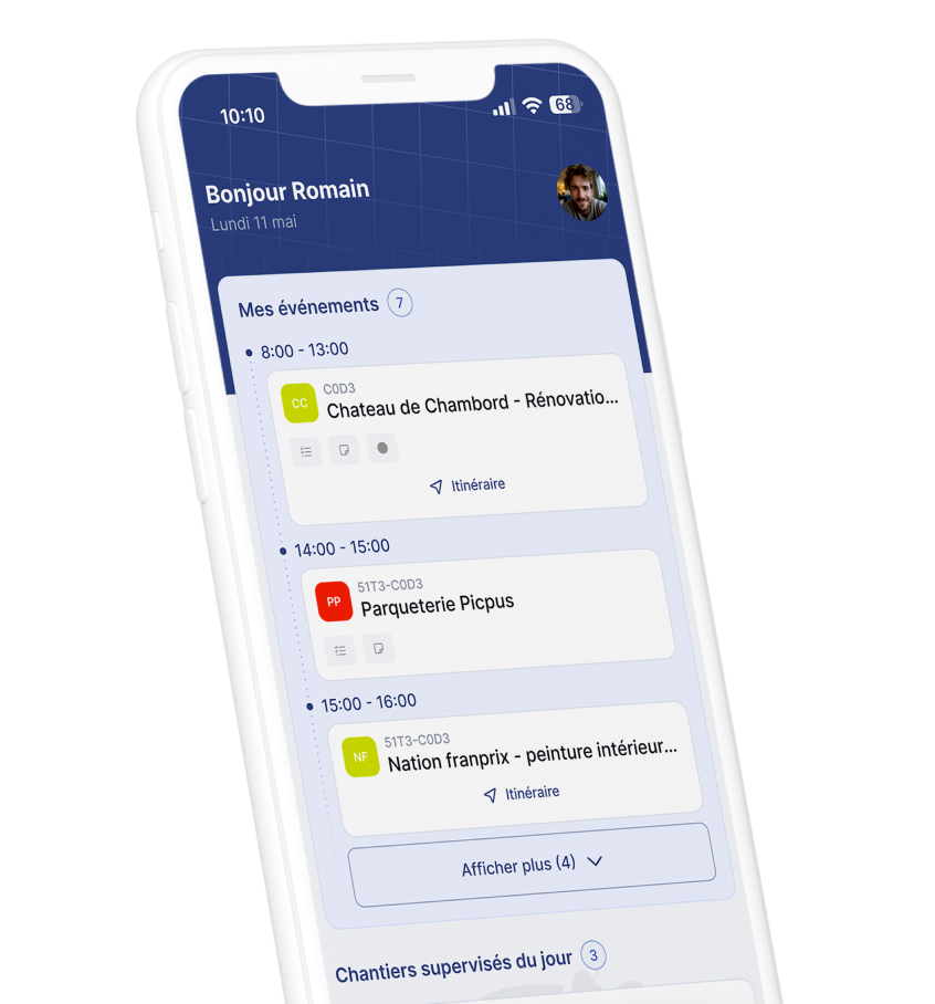 Capture d'écran montrant l'application Alobees et le suivi de chantier en temps réel
