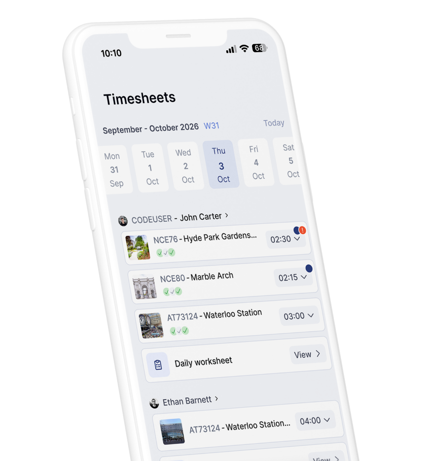 Screenshot showing the Alobees app and the timesheets feature