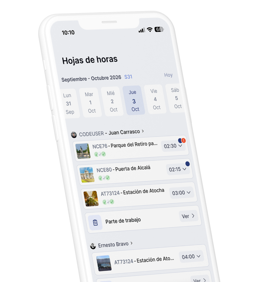 Captura de pantalla en la que se muestra la aplicación Alobees y la función de hojas de horas