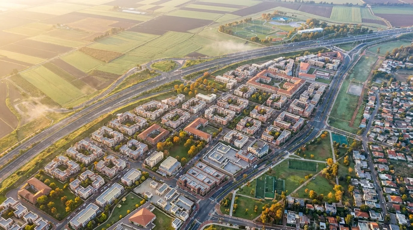 Aerial view of a residential area with neatly arranged buildings, green fields, and sports fields.