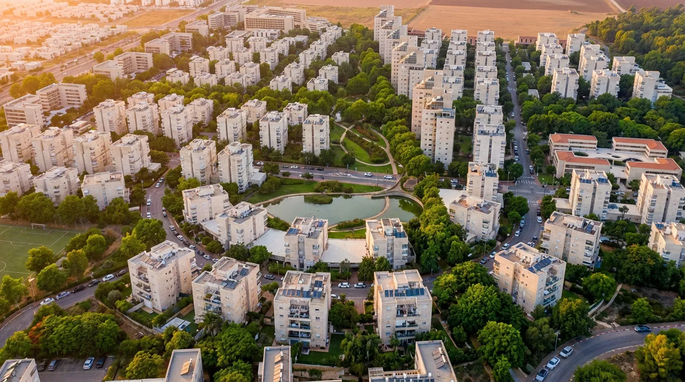 Aerial view of residential apartment blocks with green trees and a central pond in a suburban area.