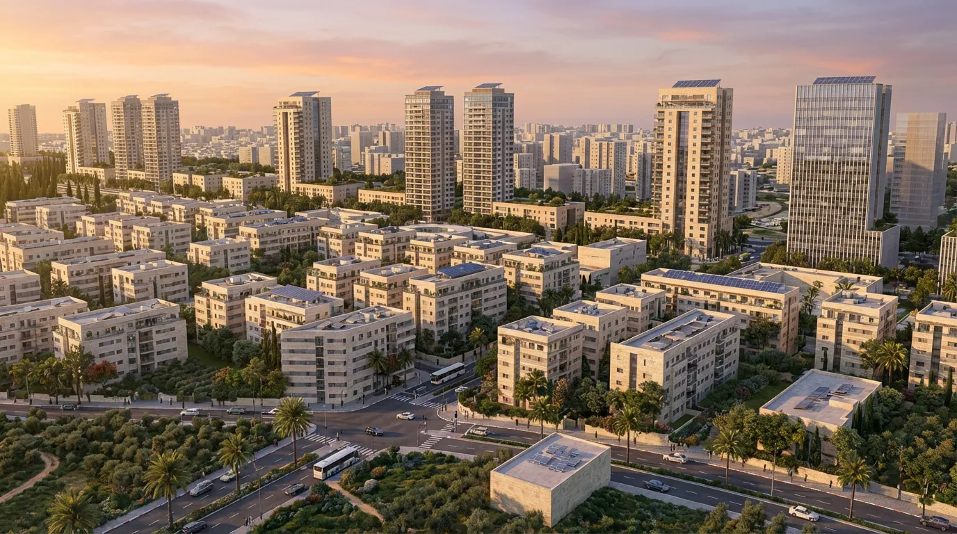 Sunset aerial of a modern cityscape with mid-rise apartments, tall buildings, and lush green trees.