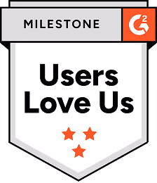G2 Milestone badge with text 'Users Love Us' and three red stars below.