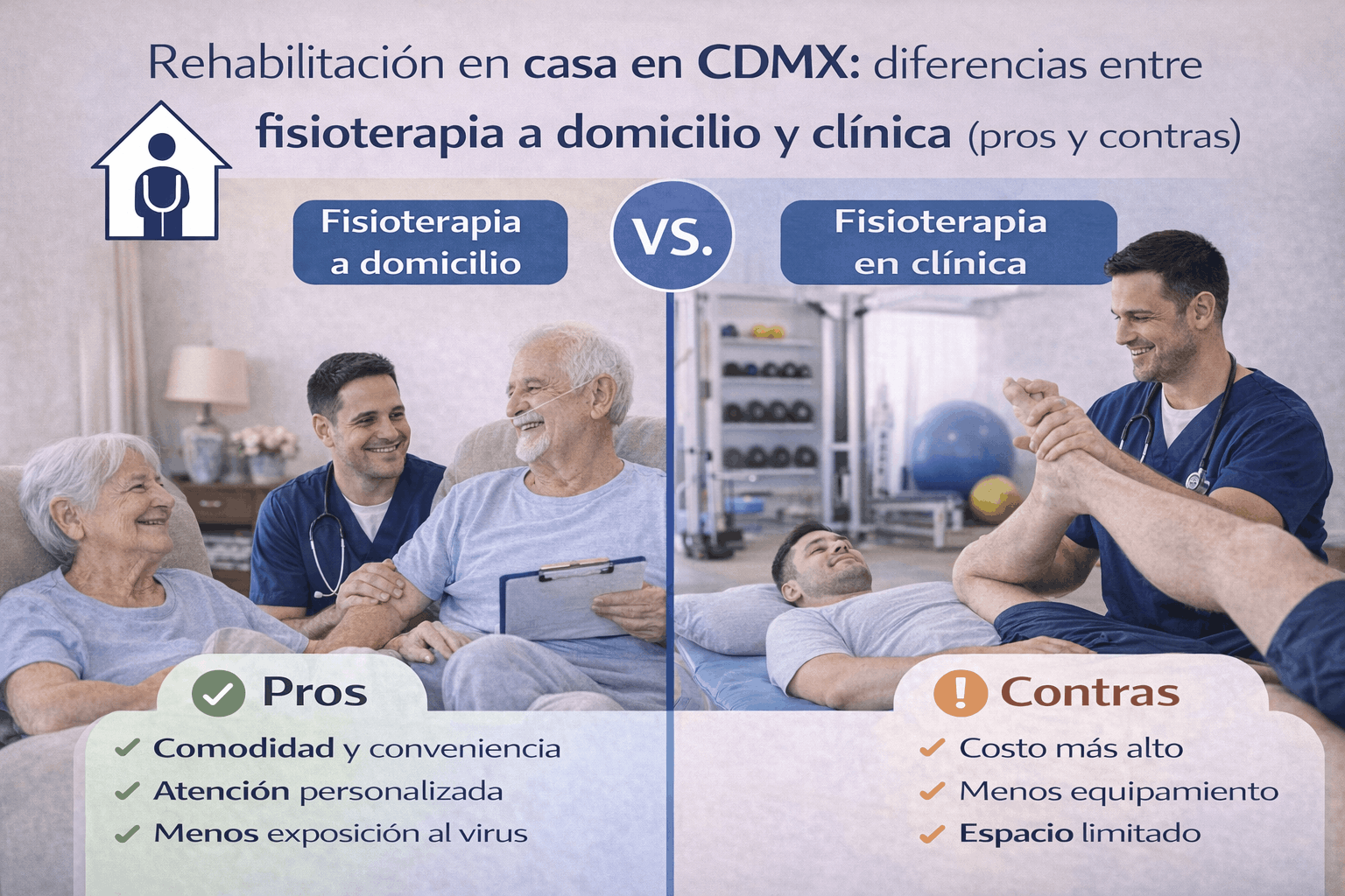 Rehabilitación en casa en CDMX: diferencias entre fisioterapia a domicilio y clínica (pros y contras)