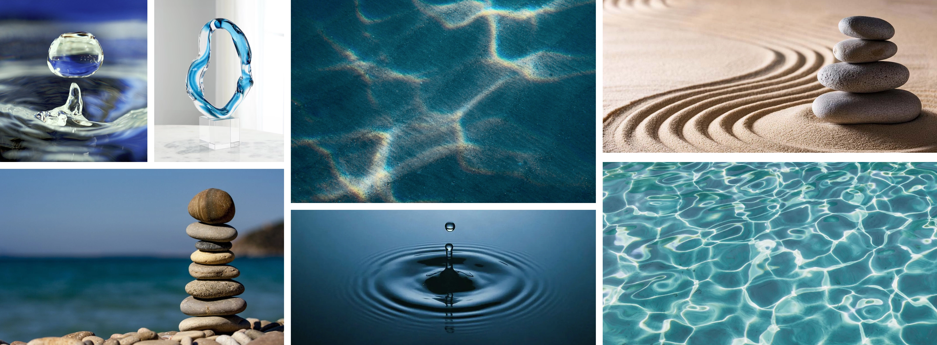 Moodboard of water, ripples and balanced stones