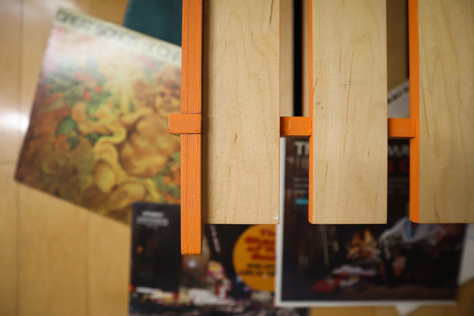 Close-up of the painted half lap joints on the Groove table