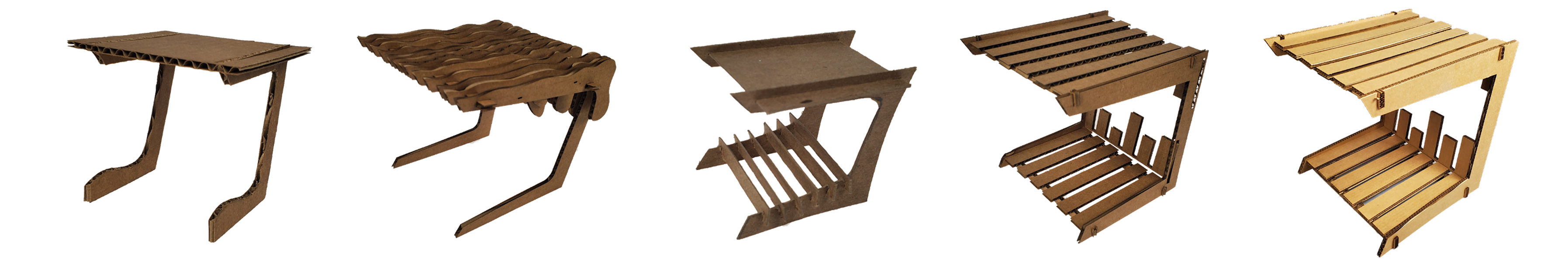 Five laser cut scale model iterations of the Groove table