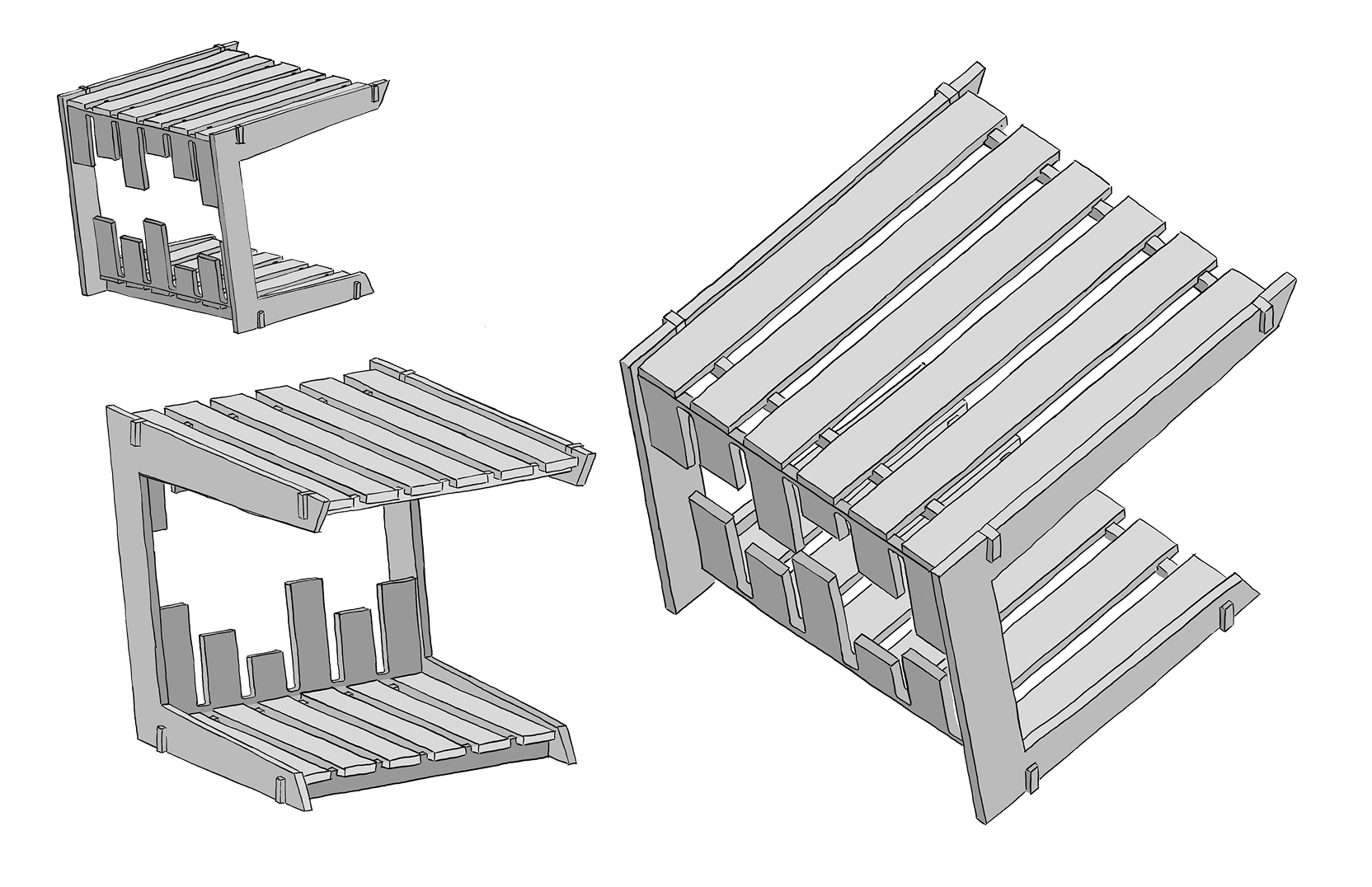 Three CAD renders of the Groove flatpack record table