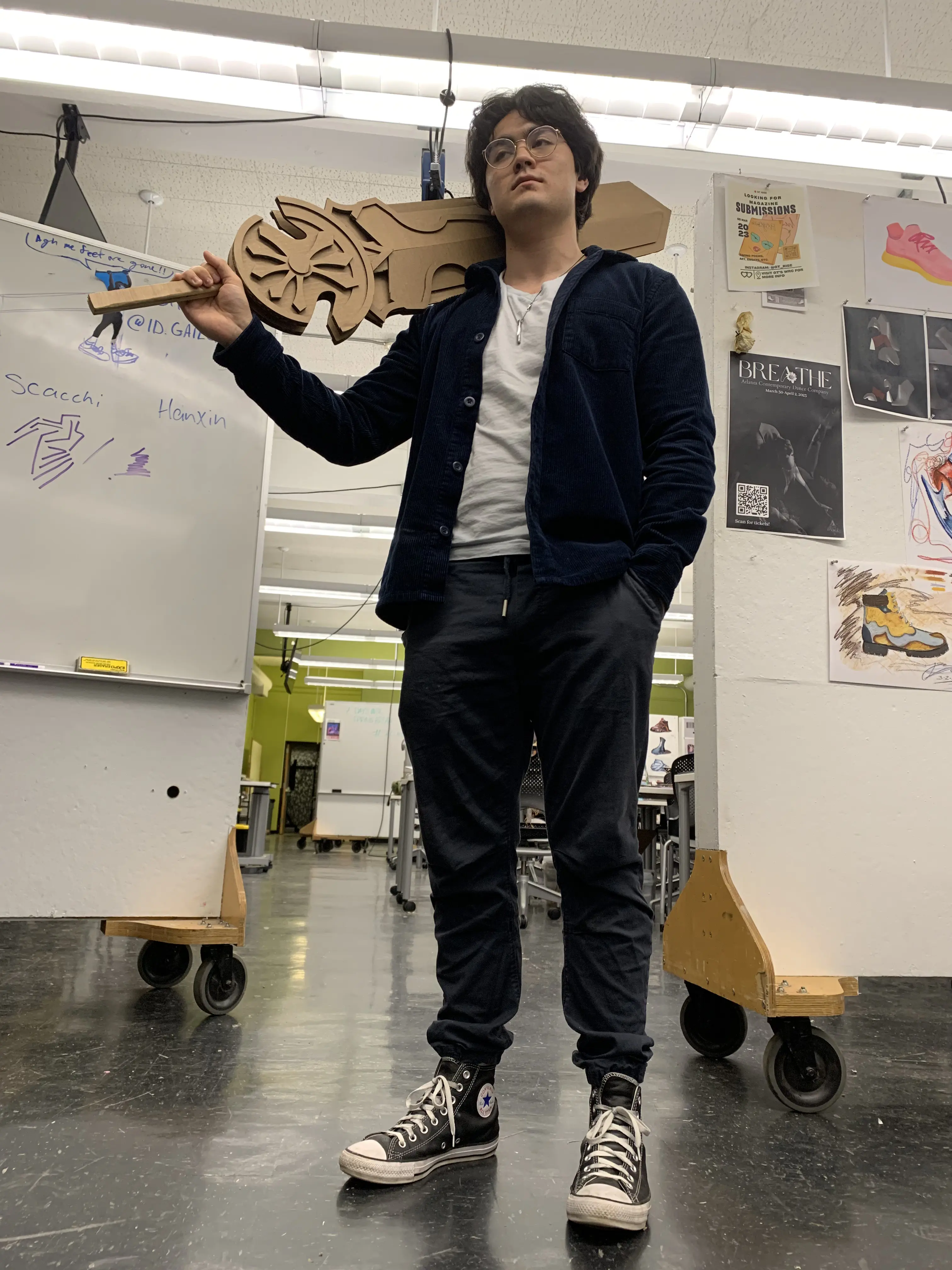 Kyle presenting a cardboard prototype in the studio