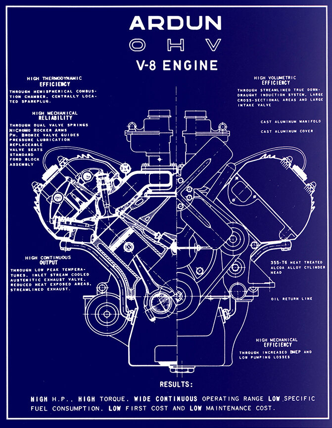 Technical cutaway artwork for the Ardun overhead-valve V8 engine