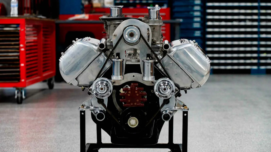 Front view of an Ardun overhead-valve conversion engine