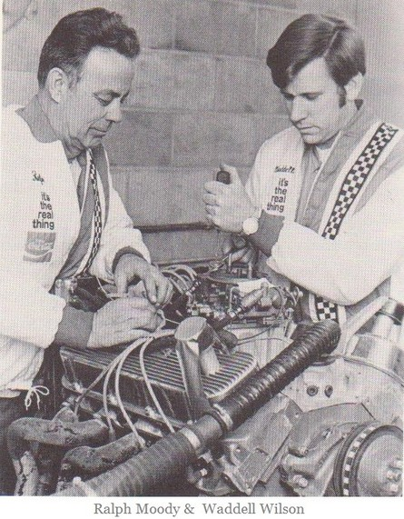 Ralph Moody and Waddell Wilson working together on a racing engine