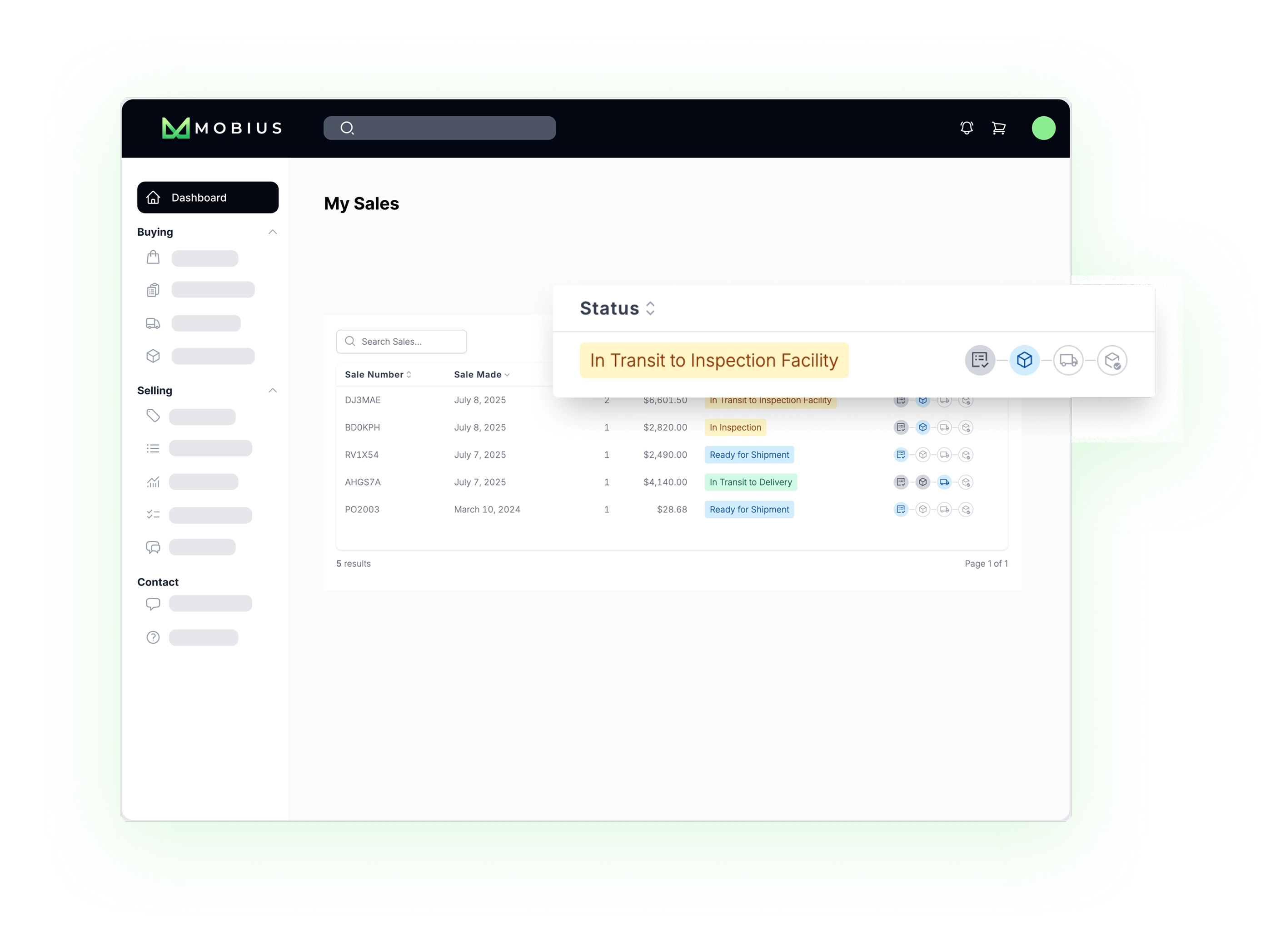 Mobius interface showing sales with shipment and inspection status tracking