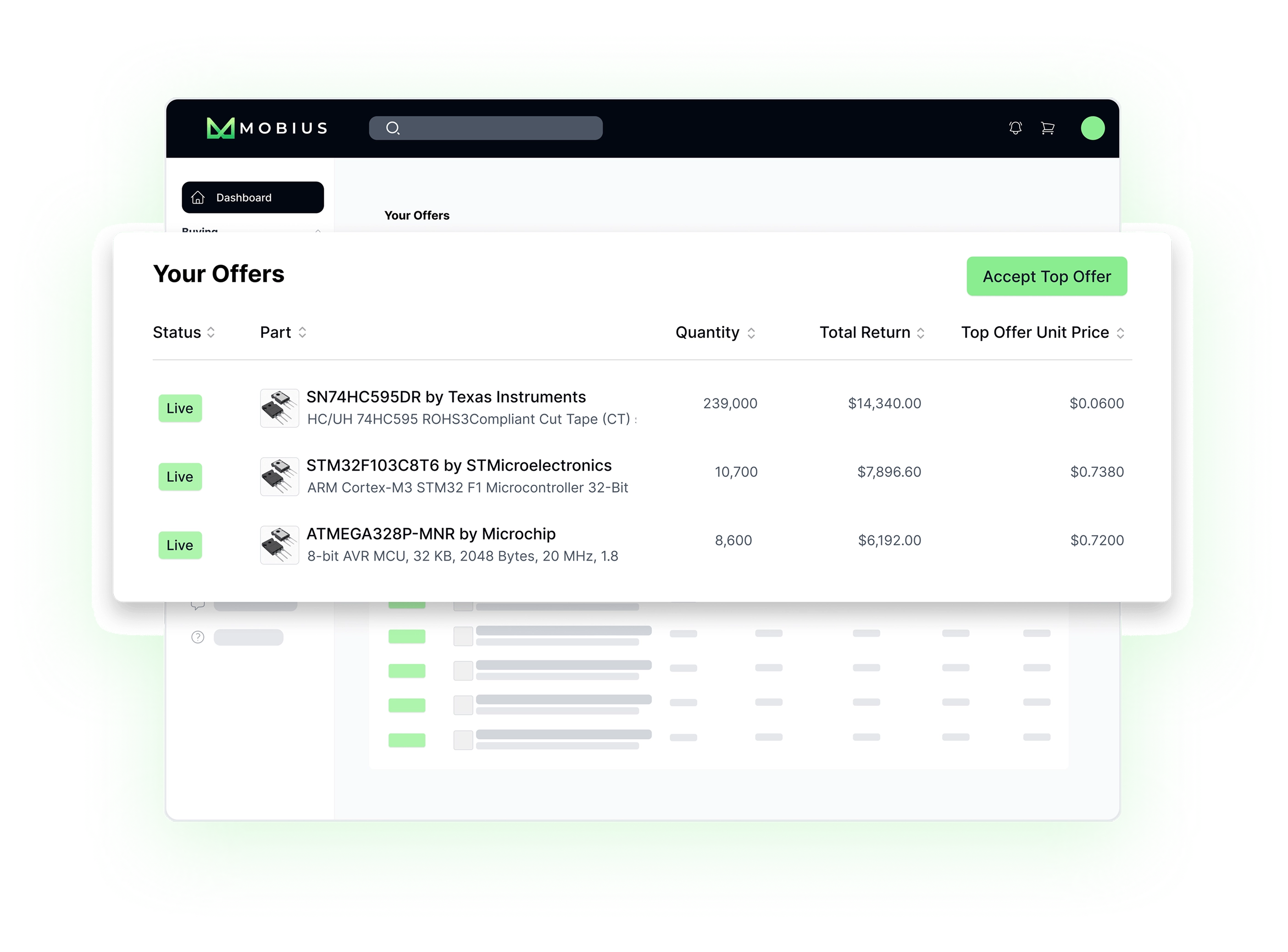 Mobius interface listing buyer offers with quantities and total return values