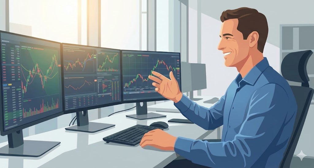 businessman working happily at desk