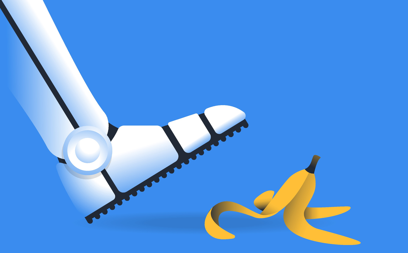 robot stepping on banana peel