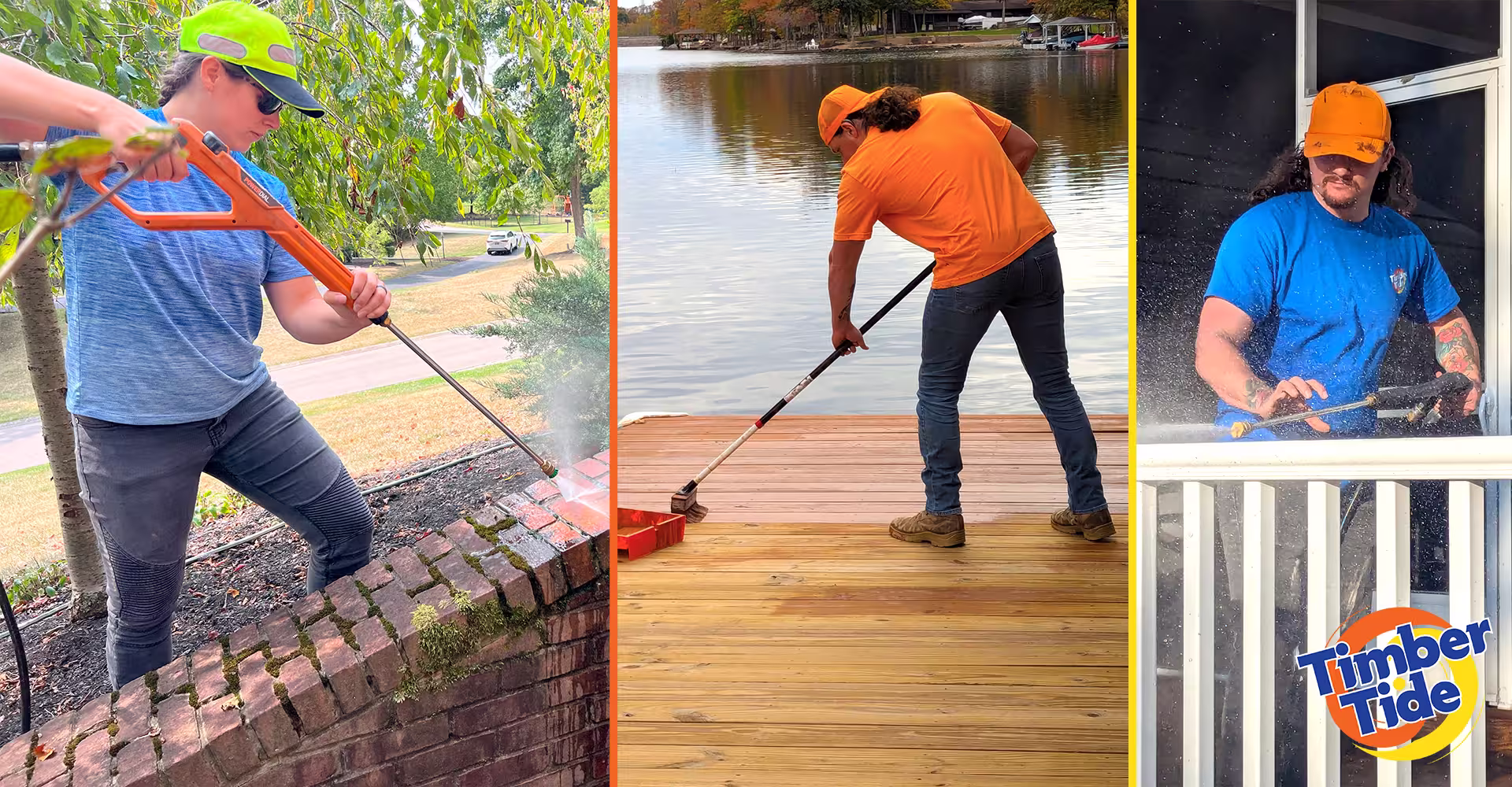 TimberTide team pressure washing surfaces and applying deck stain in the Greater Cincinnati area