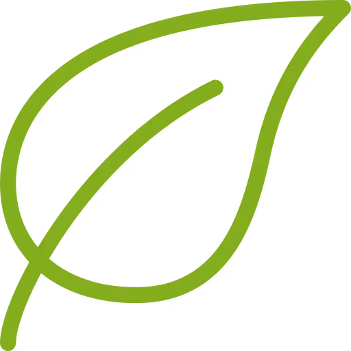 Grüne stilisierte Blattlinie mit zentraler Ader auf weißem Hintergrund.