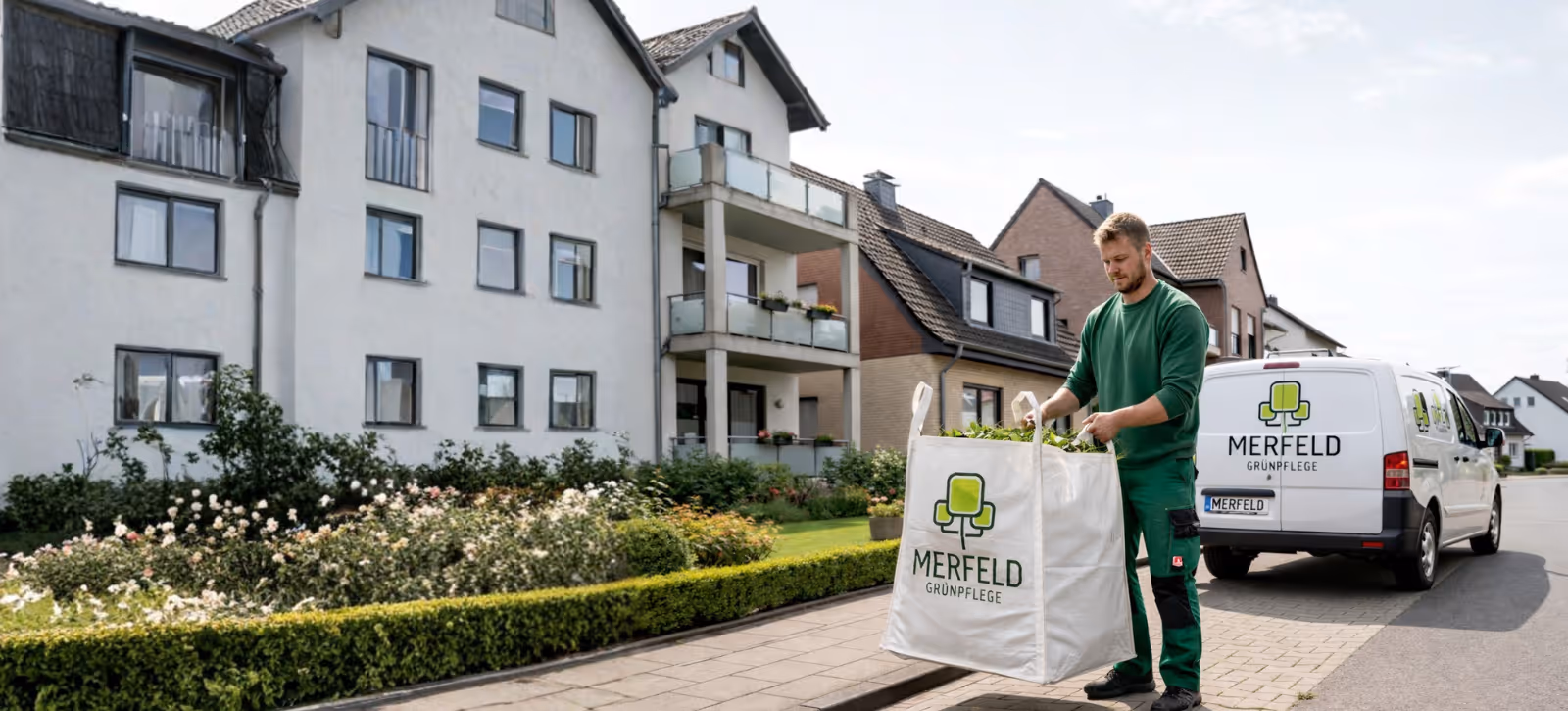 Gärtner entlädt Pflanzentüte vor Mehrfamilienhaus mit Merfeld Grünpflege Van im Hintergrund während der Abholung der Grünabfälle.