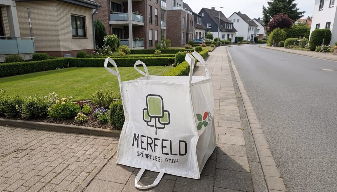 Großer leerer Bigbag mit Logo von Merfeld Grünpflege GmbH steht auf gepflastertem Gehweg vor Wohnhäusern.