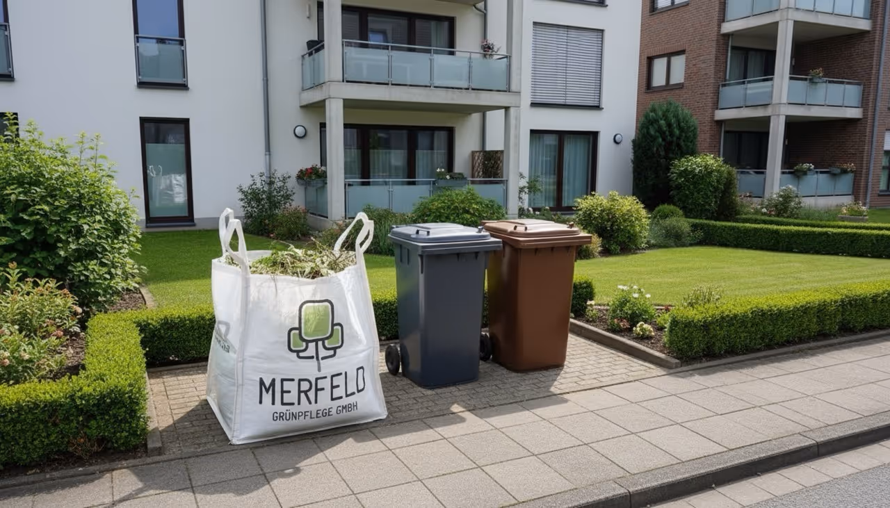 Großes Big-Bag mit Gartenabfällen neben zwei Mülltonnen vor einem gepflegten Wohnhaus bereit zum abholen von Merfeld Grünpflege.