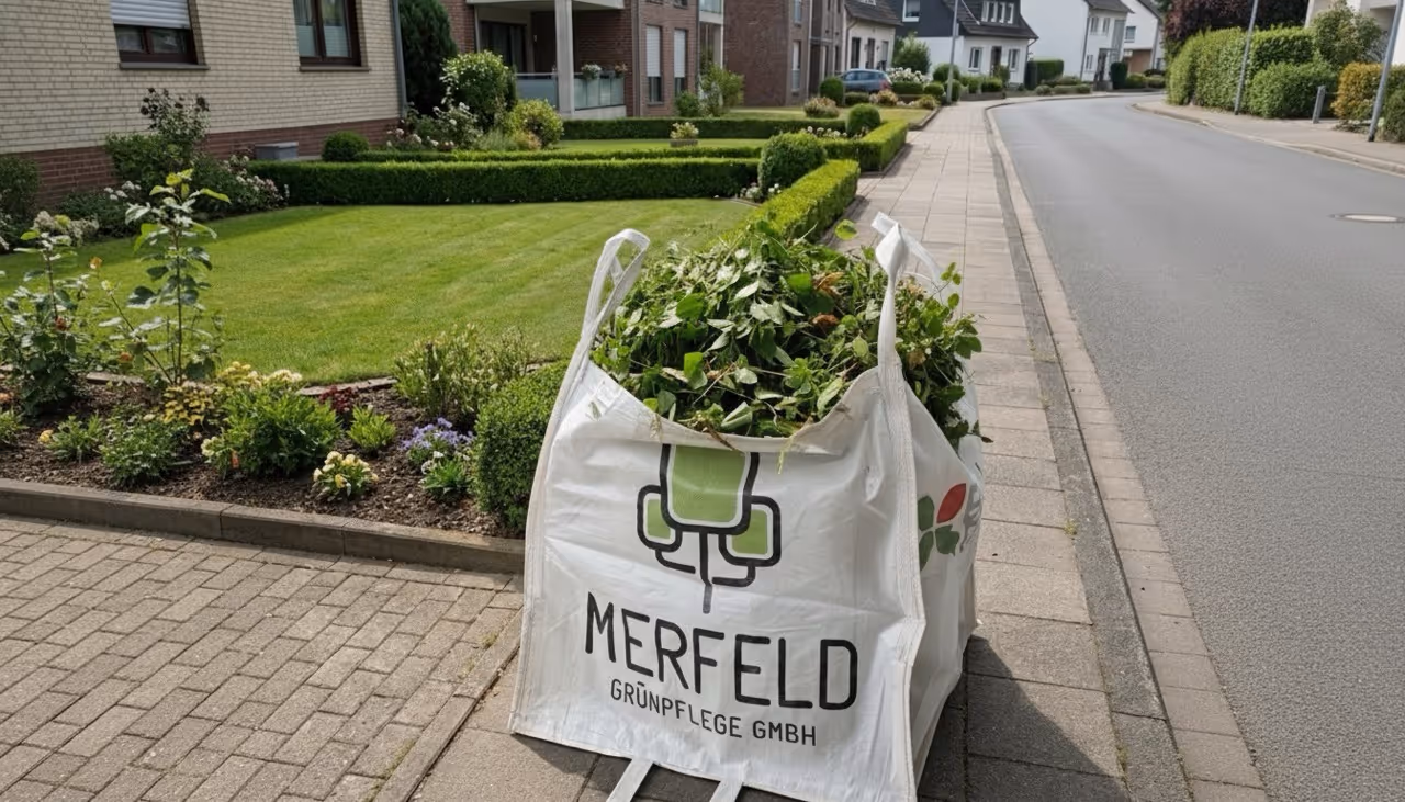 Großer weißer Bigbag mit grünen Gartenabfällen steht auf Gehweg bereit zum abholen von Merfeld Grünpflege.