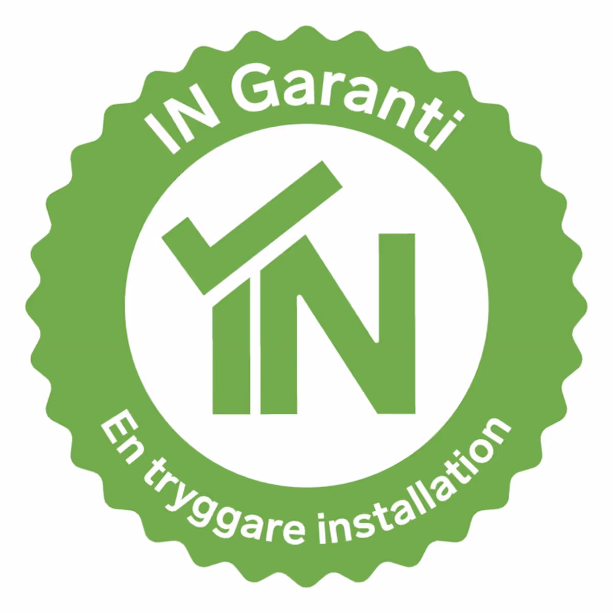 Ett grönt emblem för "IN-garanti"  med texten "En tryggare installation"