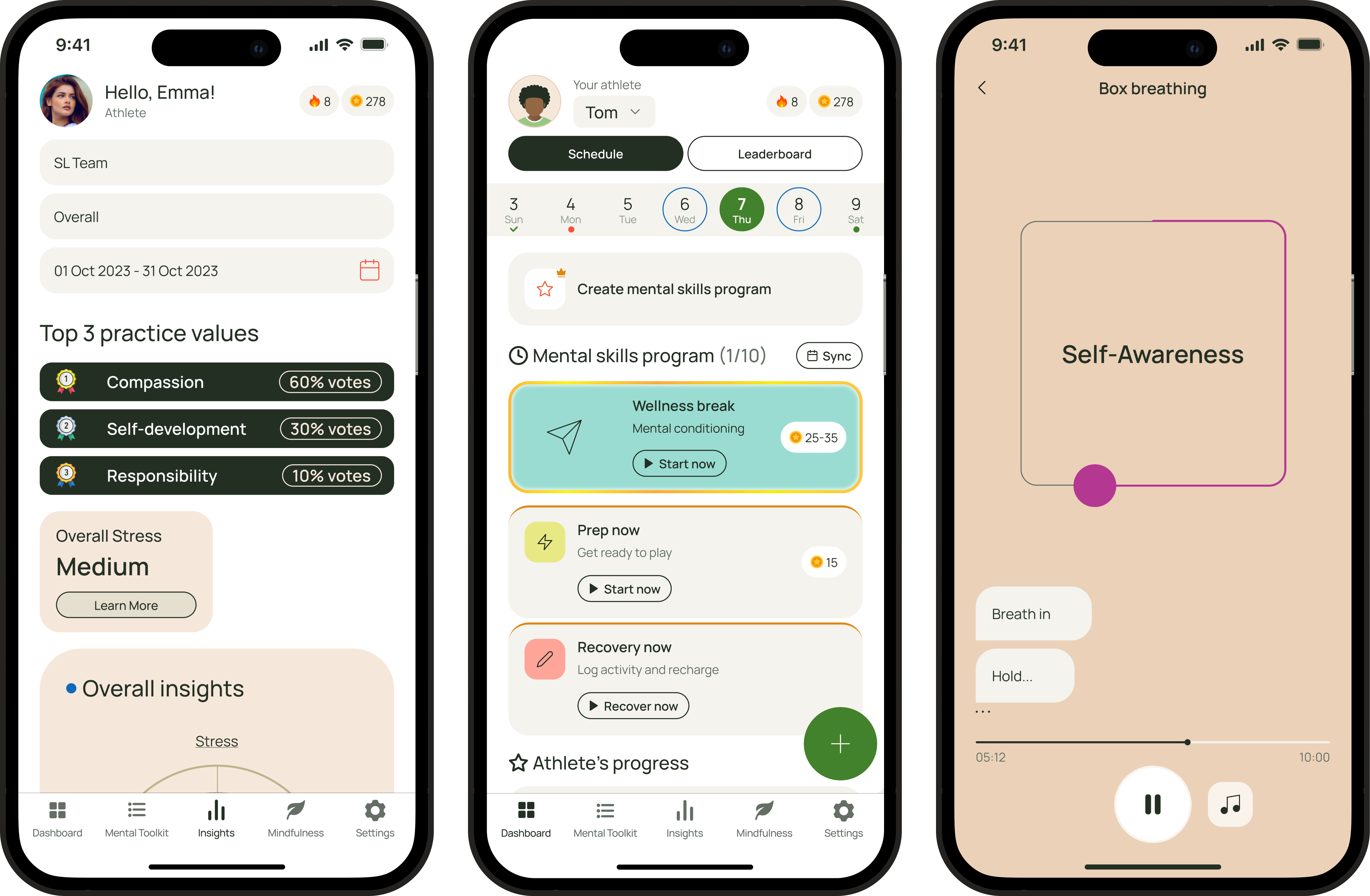 Three smartphone screens showing a mental wellness app with user stats, a mental skills program schedule, and a box breathing exercise for self-awareness.