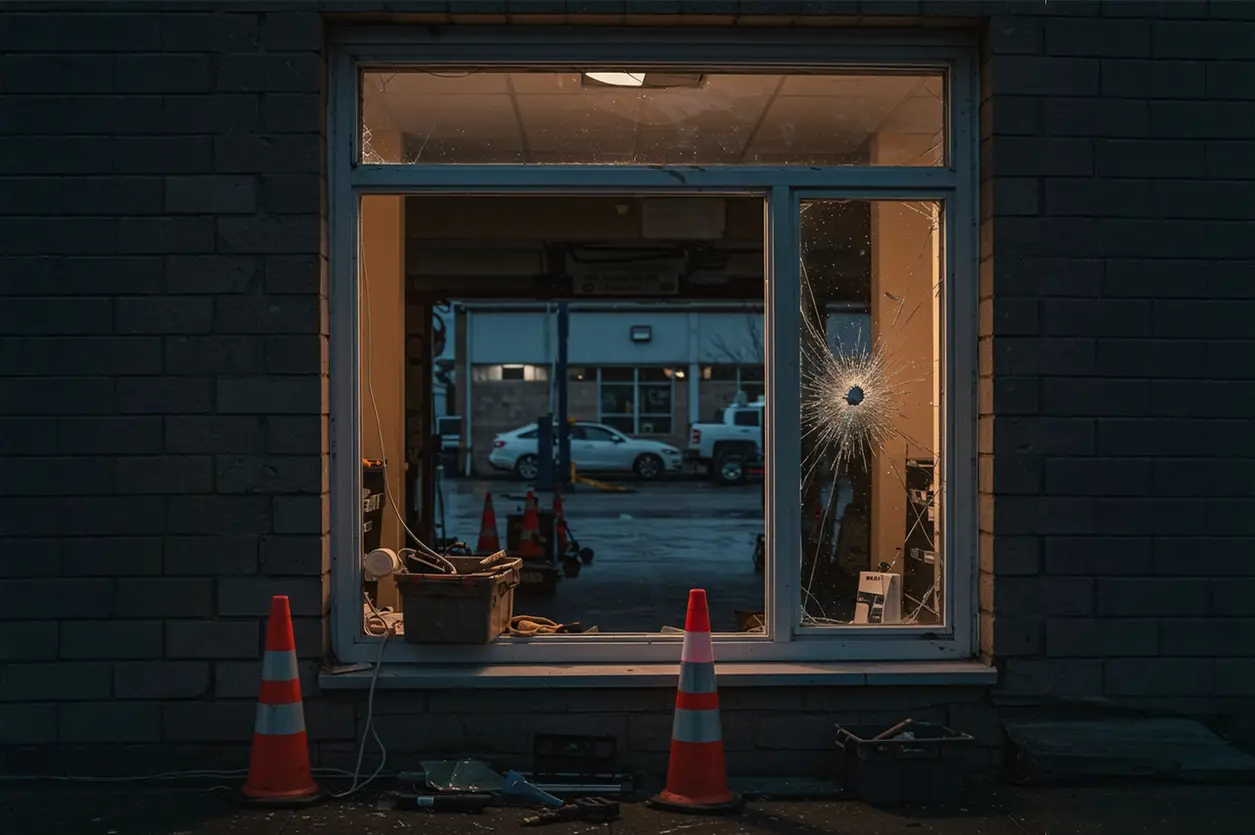 Photo d'une effraction avec verre cassé.