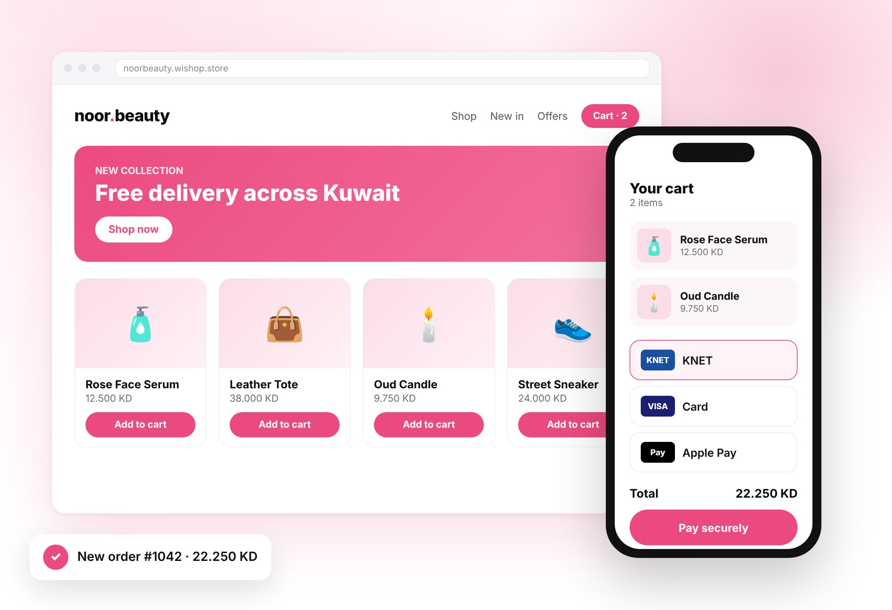 WiSHOP online store on desktop with a mobile cart and KNET checkout
