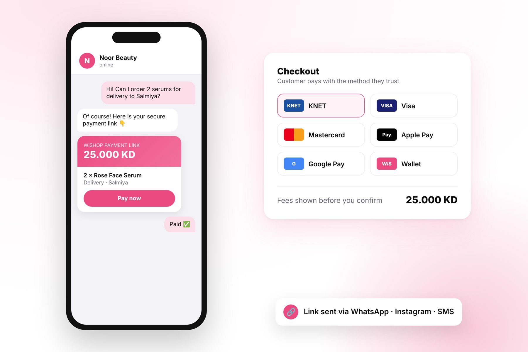 WiSHOP payment link sent over WhatsApp with KNET and card checkout