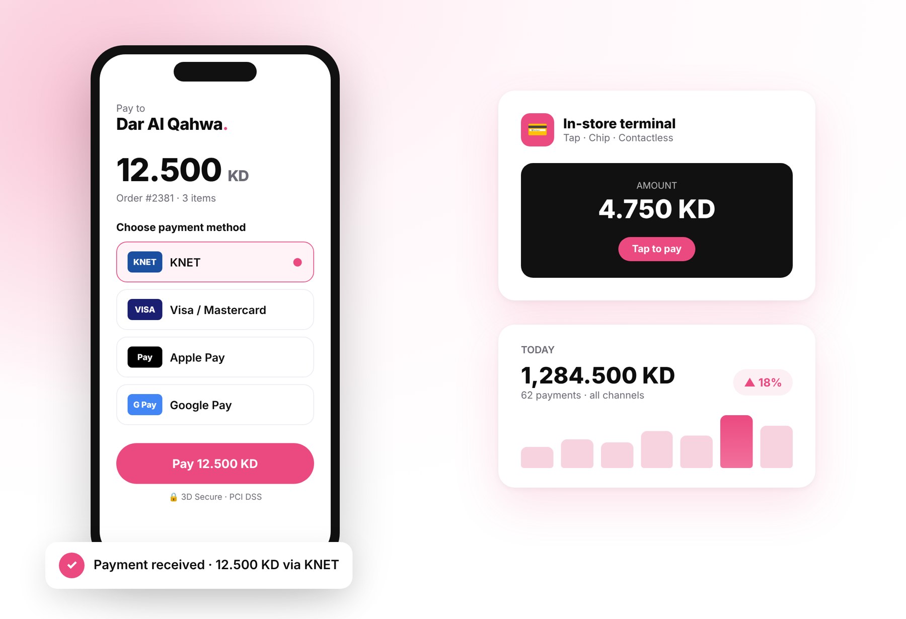 WiSHOP Payments checkout with KNET, cards, Apple Pay and an in-store terminal