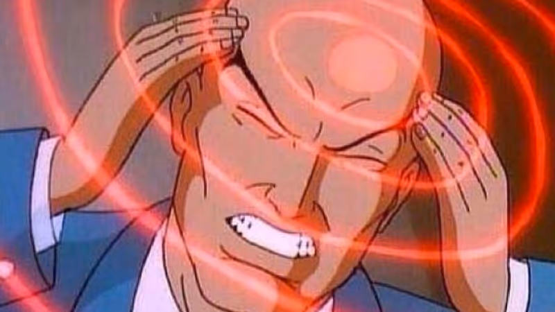 Profefssor Xavier, an animated character concentrating intensely with visible energy waves emitting from their head, representing mental focus, brainstorming, or remote team communication challenges.